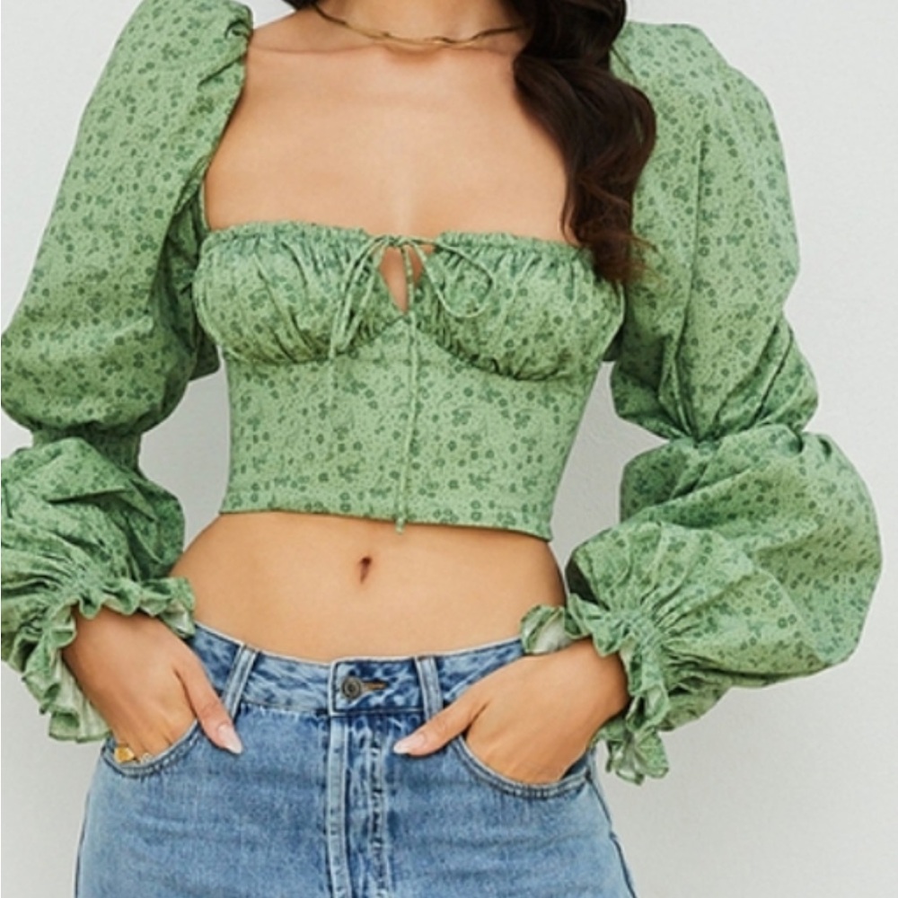 House of Cb Millicent Green puff sleeve crop top